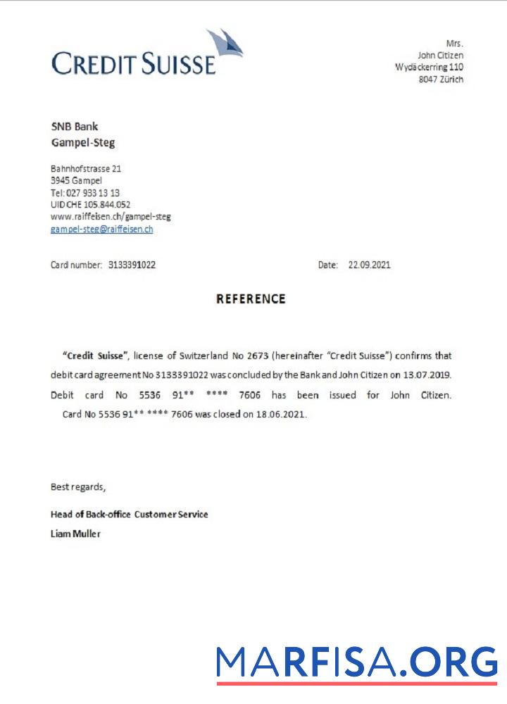 Printable Switzerland Credit Suisse closure reference real example